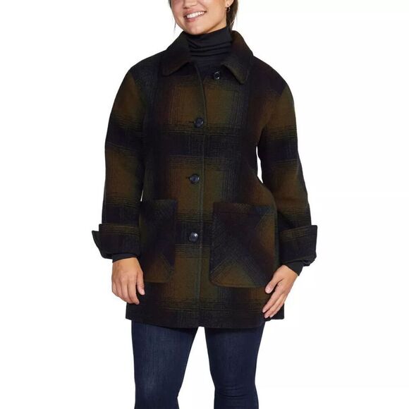 Pendleton Coat Womens Wool Topper Plaid Flip Up Cuffs Olive Navy NWT - Picture 4 of 10